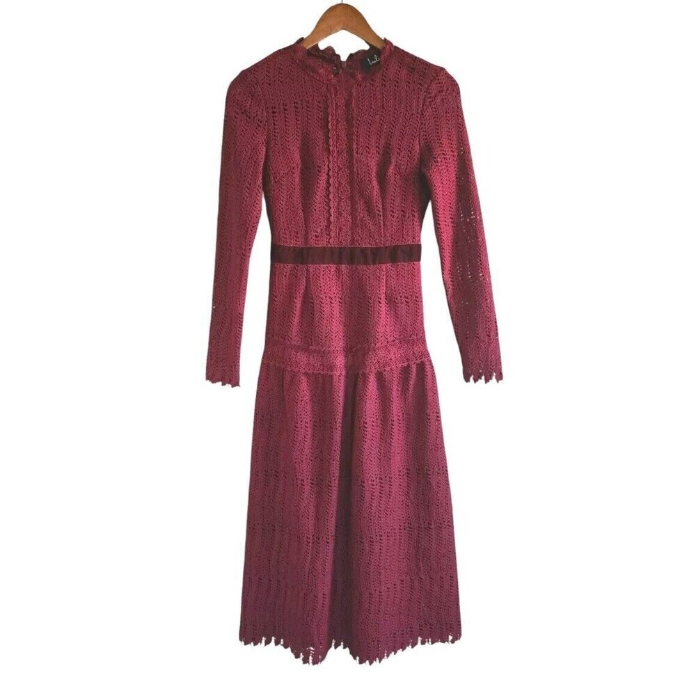 Lulus Crochet Dress Women's Xs Wine Red Velour Trim Midi Event Prairie Back Zip